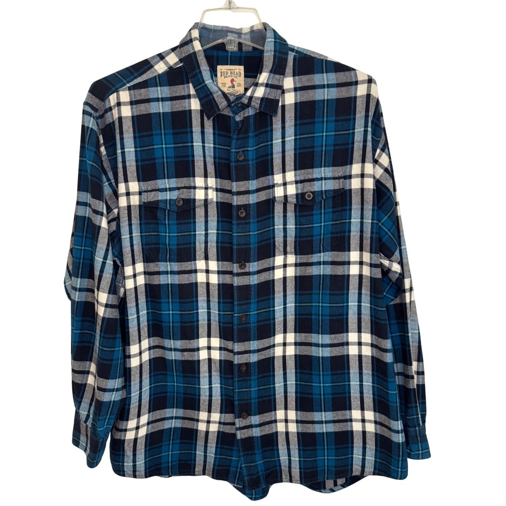Classic Plaid Flannel Button Down Shirt Blue Cotton Red Head Pockets XL Mens